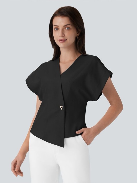 HALARA Tops - HALARA Crossover V-Neck Batwing Sleeve Snap Work Top Black XS NWT